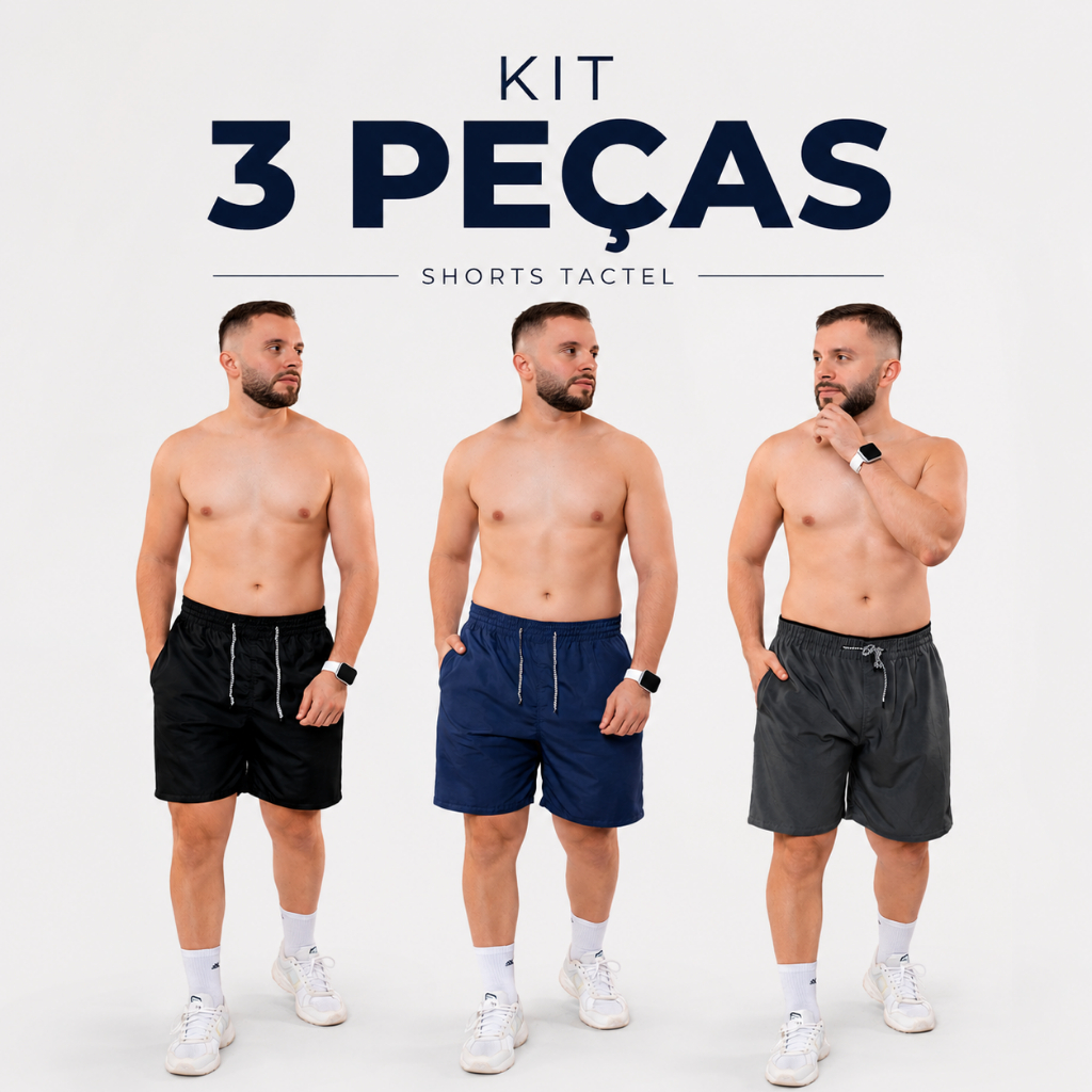 Kit 3 Shorts Masculino Tactel Bermuda Academia Treino Corrida Praia Esportivo Secagem Rápida com Bolso TraseiroMasculina