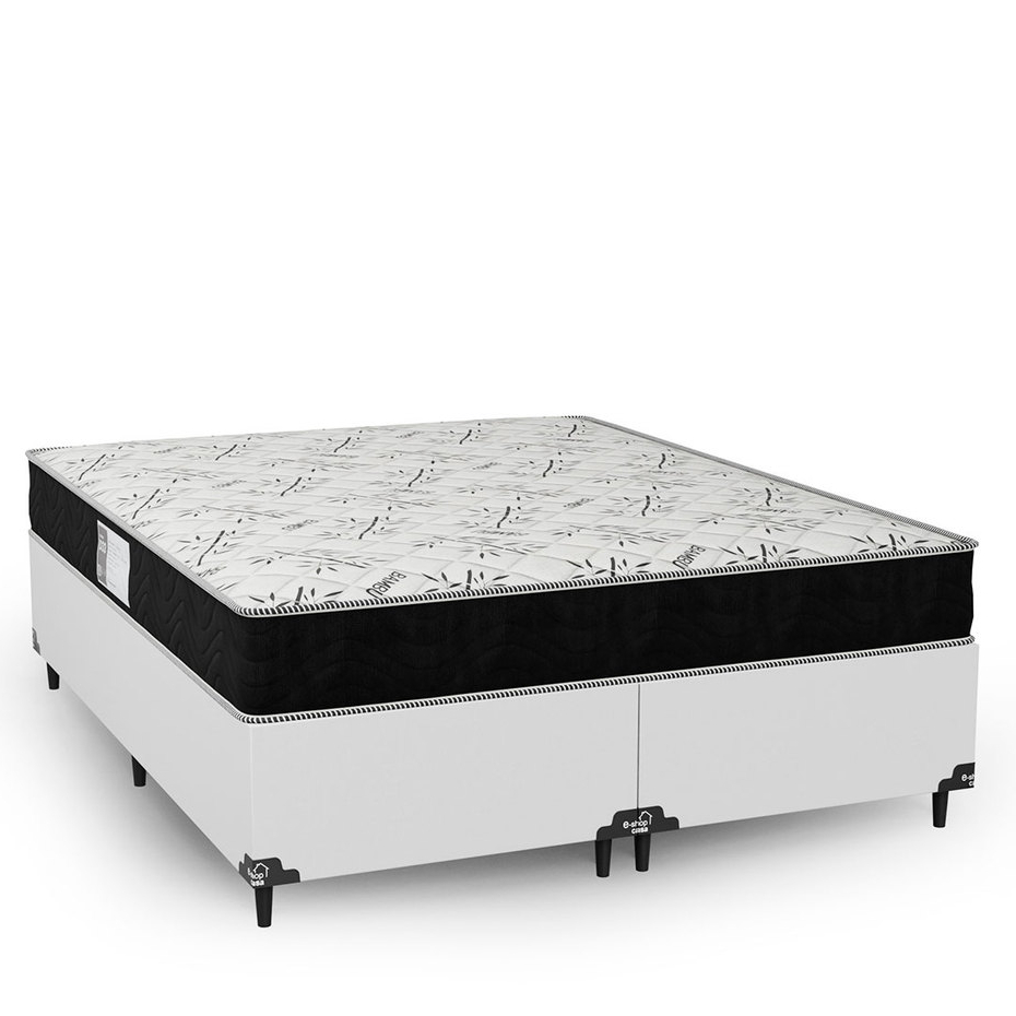 Cama Box Queen Bipartido Couro Branco + Colchão D33 One Face Suede Preto - e-Shop Casa