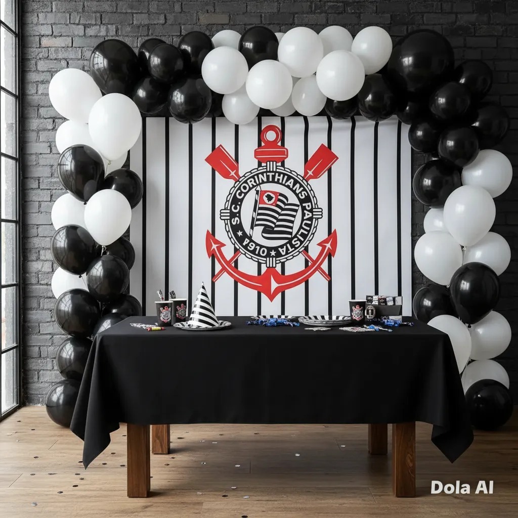 Kit Festa Corinthians Painel TNT 1,40x1m + Toalha TNT + 100 Balões Preto Branco