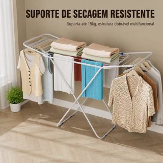 Varal de Roupa Dobrável 180cm Aço Reforçado 15kg Braços Laterais Varanda Interno Externo Economia de Espaço
