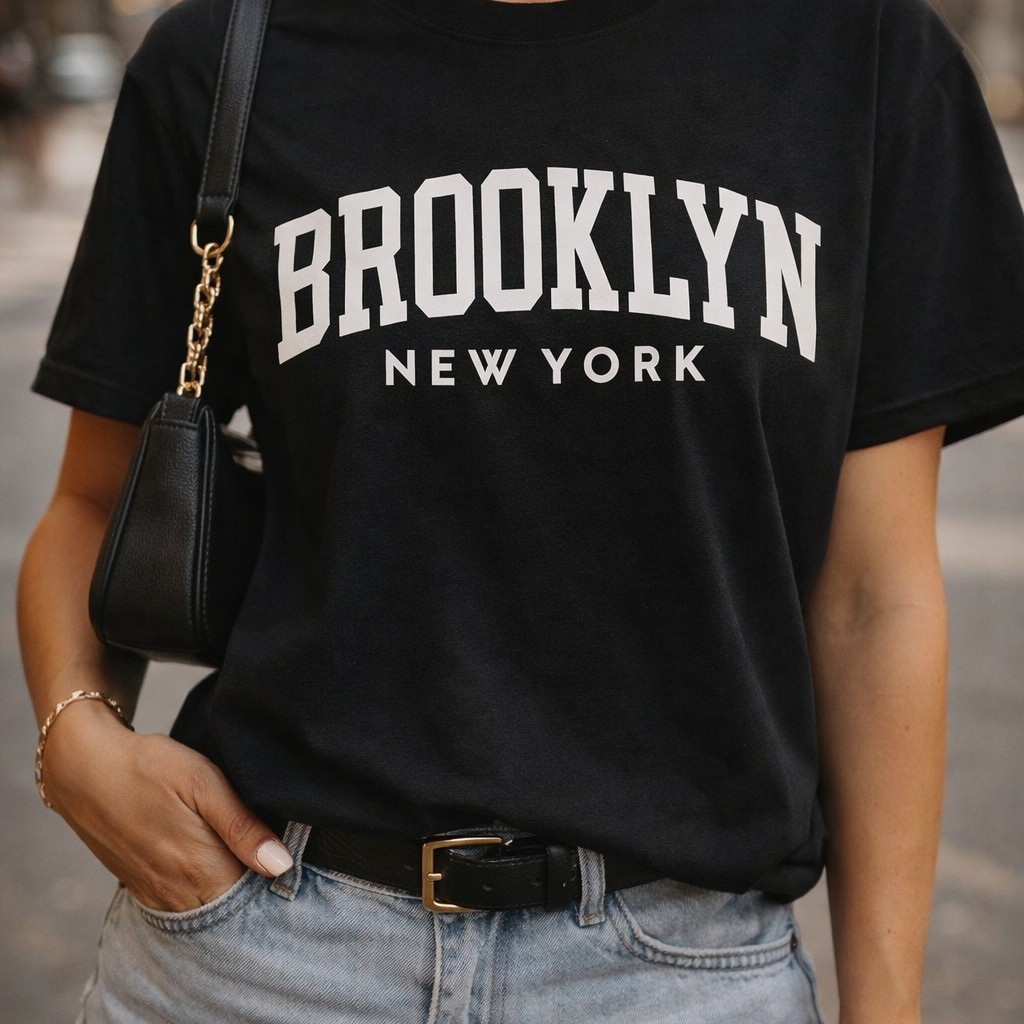Camiseta Moda Brooklyn New York Feminina Estampa College Streetwear Casual Algodão Confortável