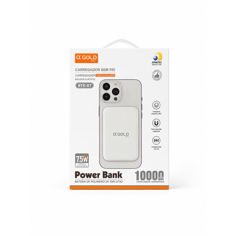 A'Gold Power Bank de Indução Magnético 10000 mAh BTE-07 Carregador Sem Fio 7.5W Bateria Portátil ou