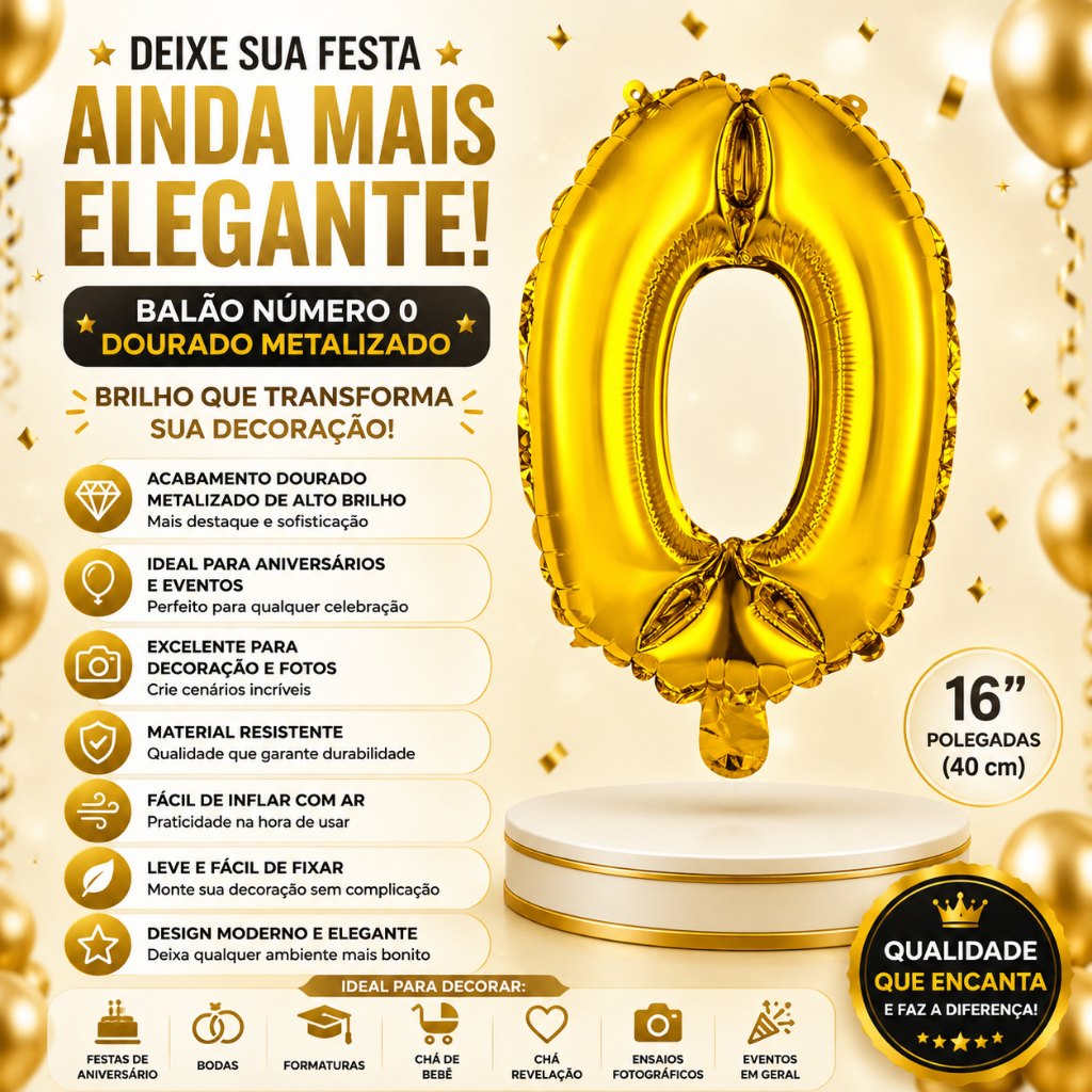 Balão Número 0 Dourado Metalizado 16 Polegadas 40cm Decoração Festa Aniversário