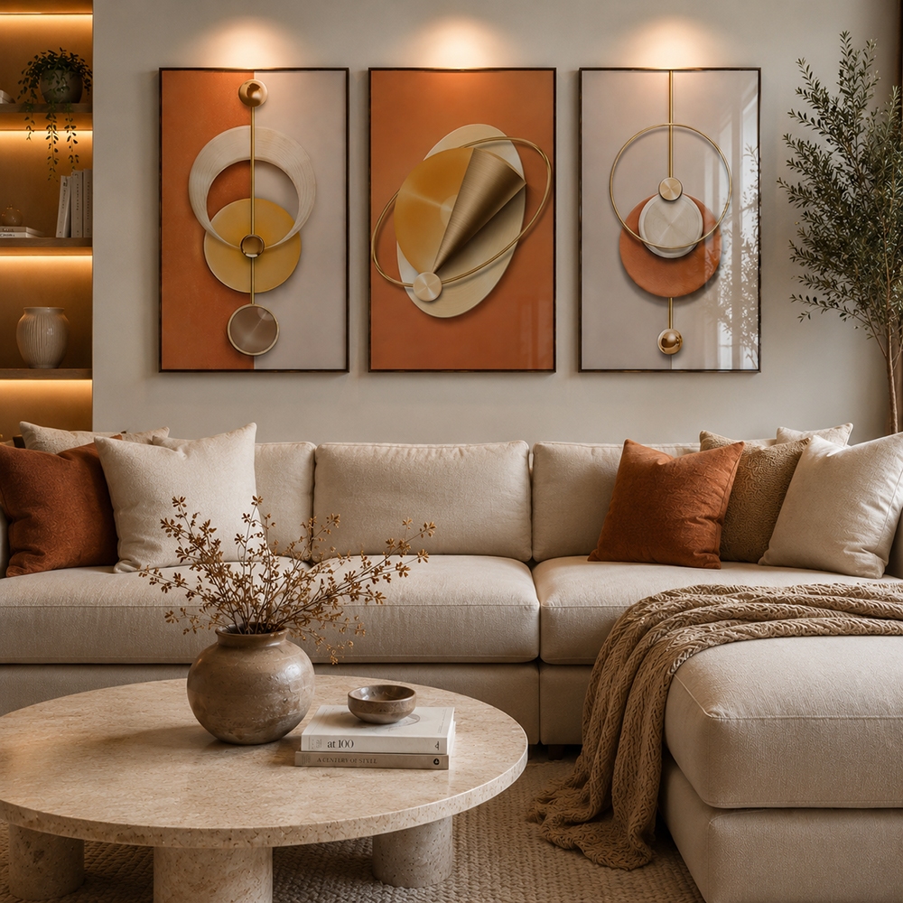 3 Quadros Decorativos Geométrico Abstrato Moderno em Tons Terrosos