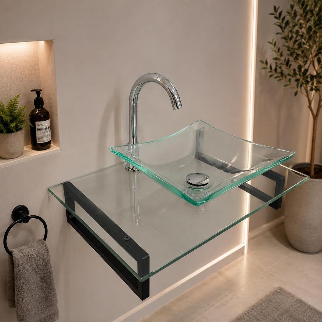 Kit Lavatório de Vidro Incolor 40cm 50cm 60cm Para Banheiro Lavabo Cuba Pia Armário Gabinete Luxo Lavabo