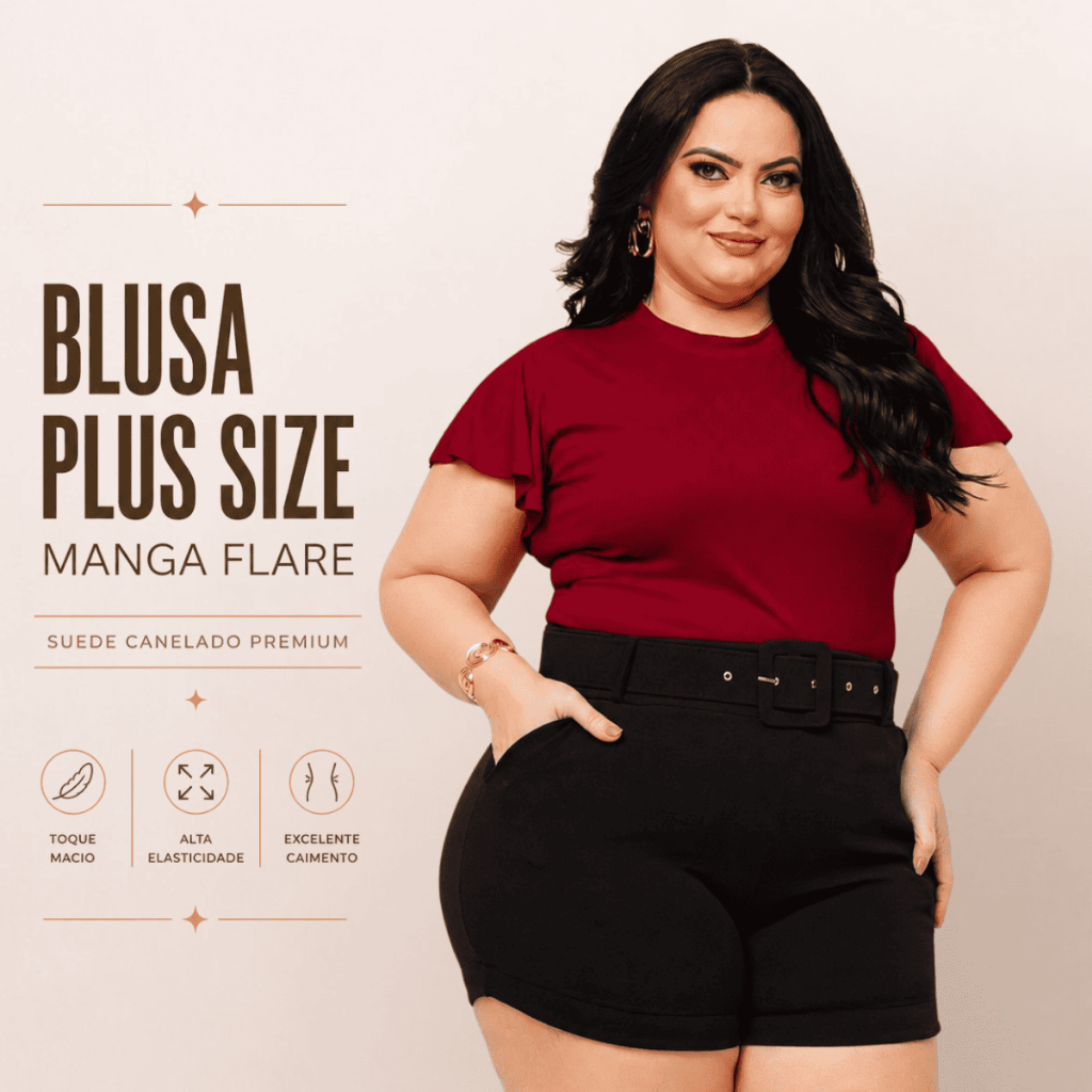 Blusa Plus Size Feminina Suede Canelado Manga Flare