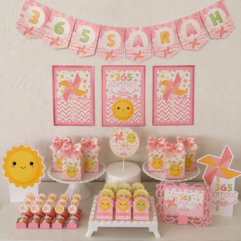Kit Festa 365 Sorrisos Personalizado Rosa ou Azul | Mesversário | Aniversário | Só um Bolinho | Decoração de Festa
