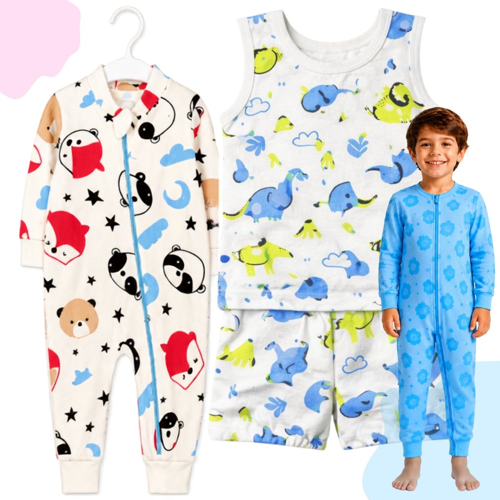 Kit 4 Pijamas Infantis Macacões Suedine Zíper Conjuntos Regata Short Estampado Menino Menina Bebê Algodão 1 a 3 Anos