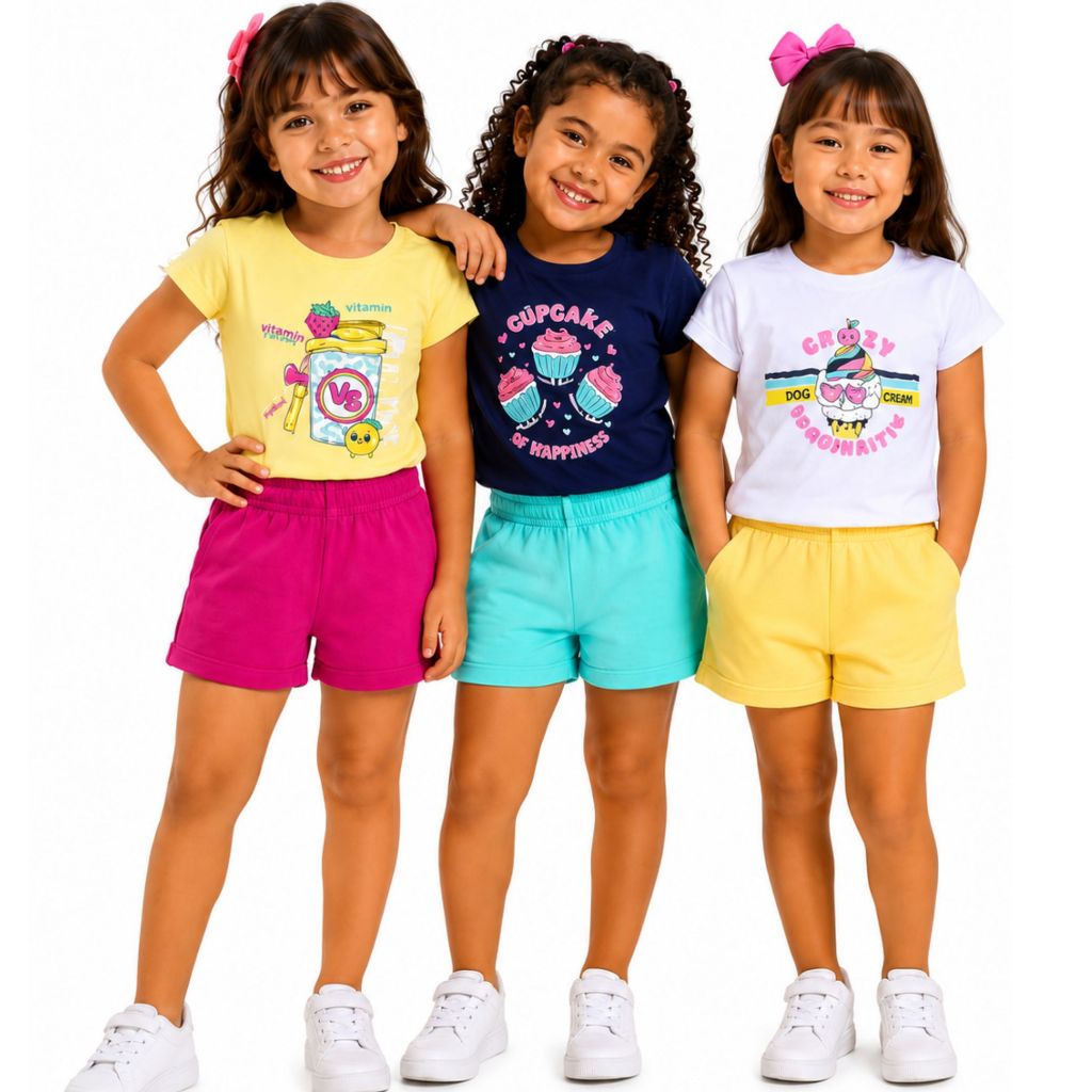 Kit 3 Conjuntos Infantil Feminino Verão | 3 Camisetas + 3 Shorts | Tamanhos 01 ao 08 | Estampas Sortidas