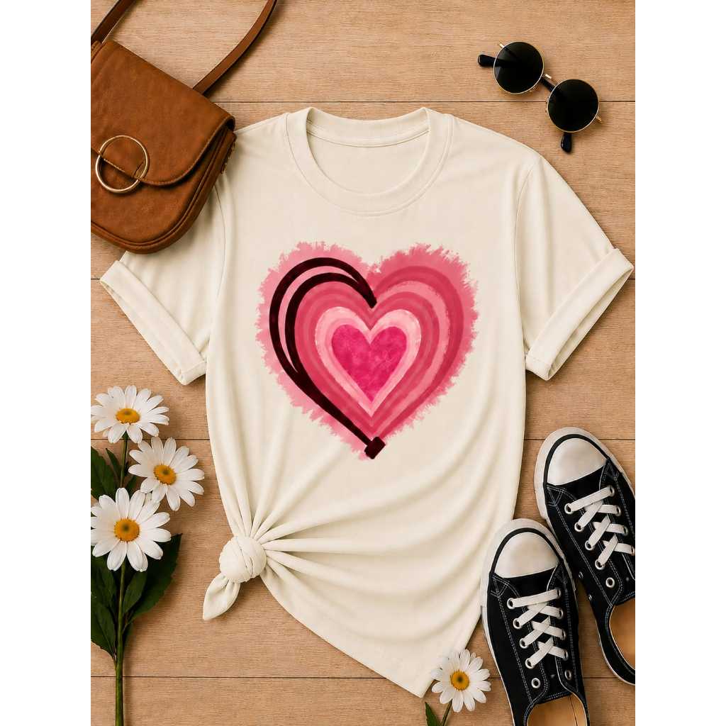 Camiseta Feminina Cores Variadas Estampa Coração Fofo T-shirt Elegante 100% Algodão Premium Casual Confortável Estilosa