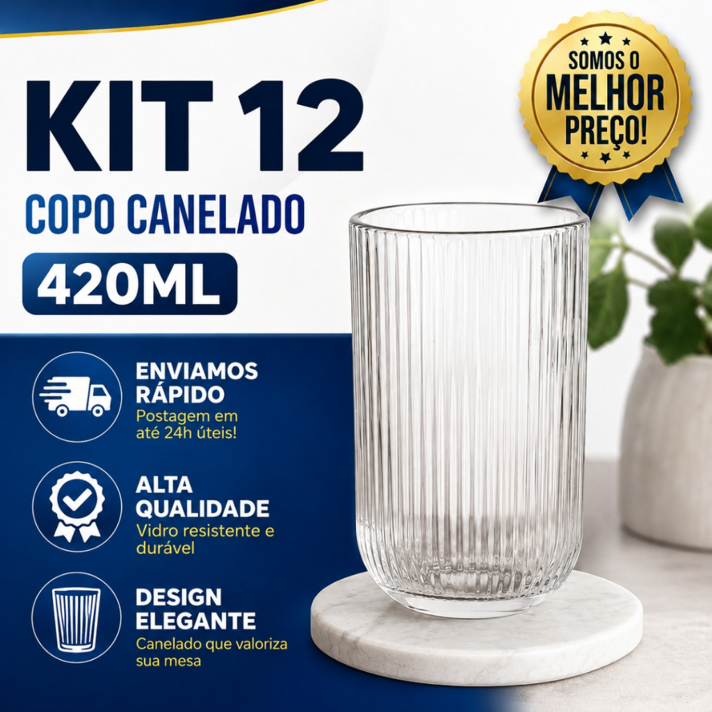 Kit 6/12 Copos Vidro Premium Grosso Resistente Drinks Canelado 420 ml Sucos Transparente Luxo