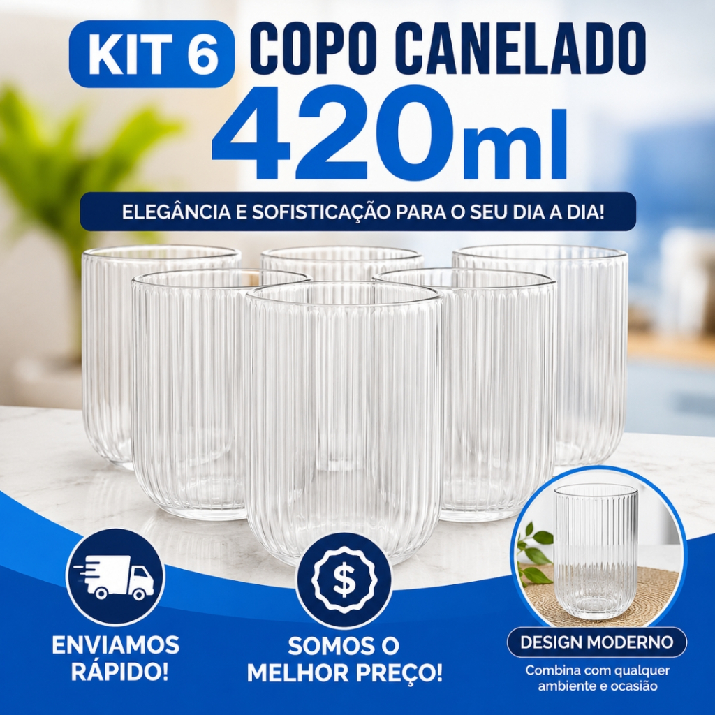 Jogo De Copos De Vidro Canelado Com 6 unidades Transparente Grosso Suco Agua Vitamina 420…