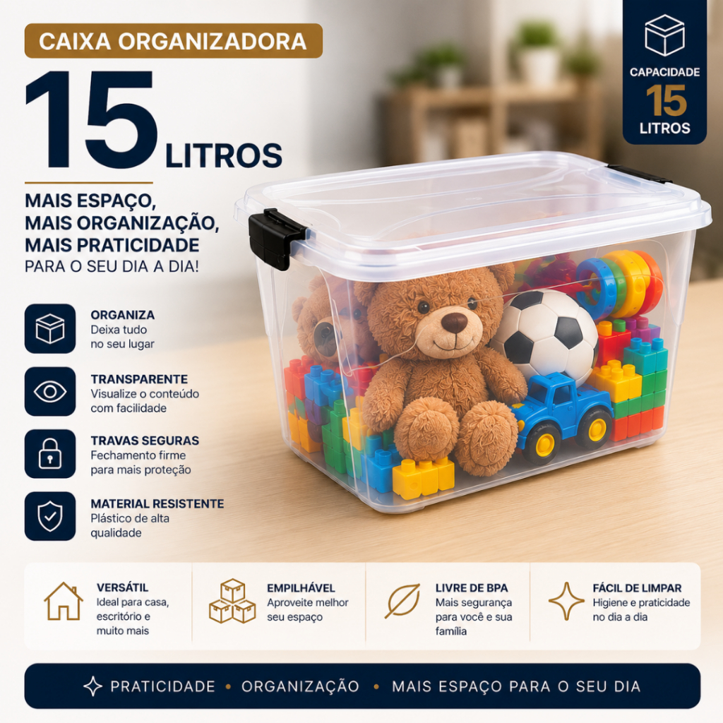 Caixa Organizadora 15 Litros Transparente Com Tampa E Travas Kit Multiuso Empilhável Resistente