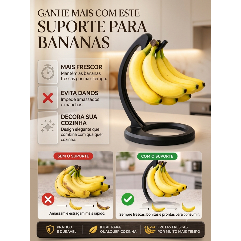 Suporte para Bananas | Gancho Suspenso | Organizador de Frutas Cozinha | Porta Banana