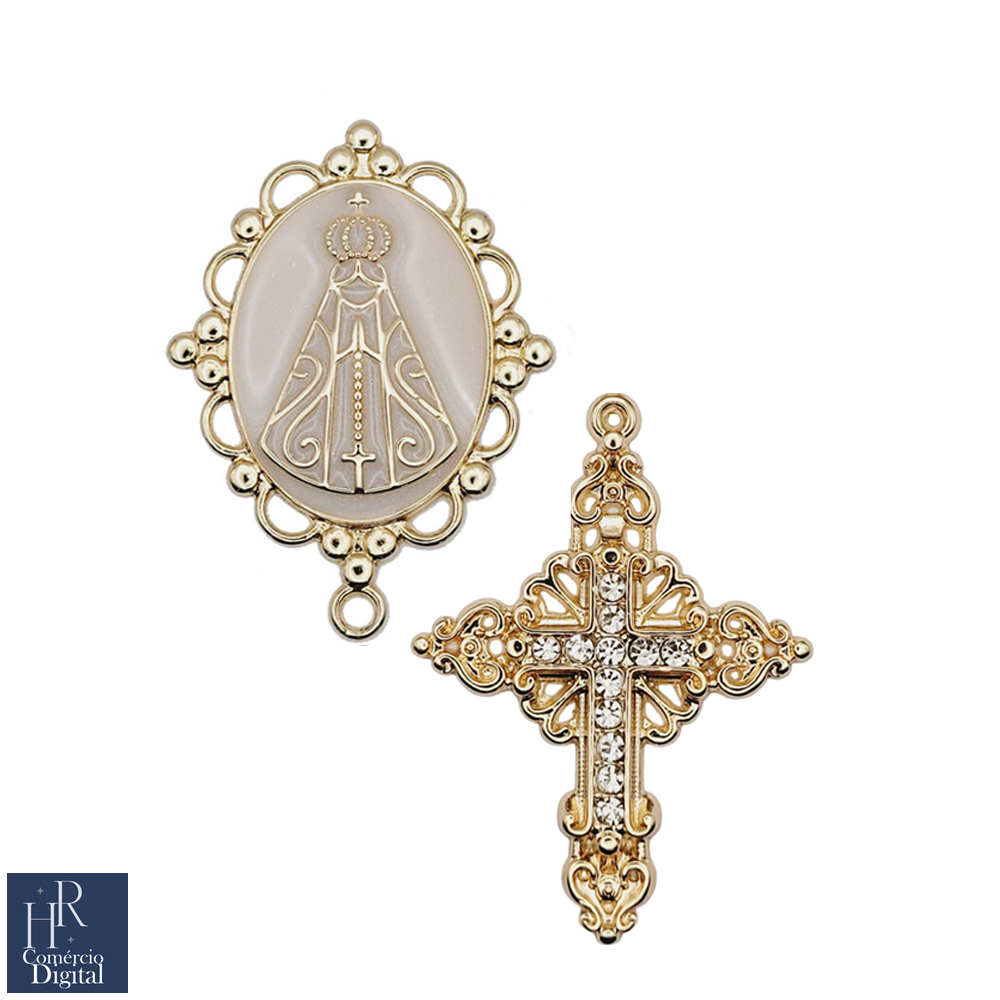 Entremeio Nossa Senhora Aparecida dourado cruz de strass dourada linda terço de noiva terço presente