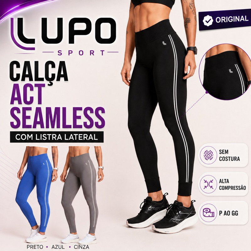 Calça Legging Lupo ACT Seamless Original Cós Alto com Listra Lateral Fitness Academia Feminina P ao GG