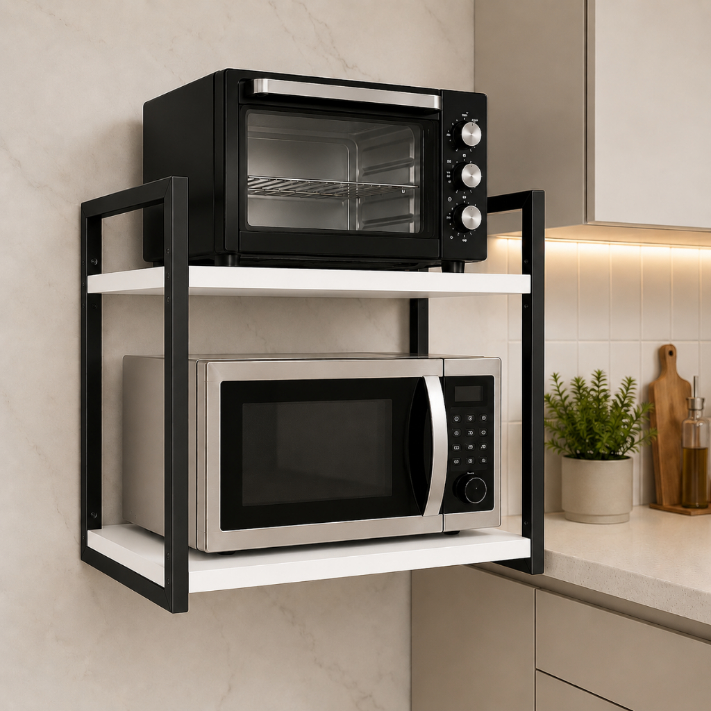 Imagem Suporte para Micro-ondas  Forno Elétrico Air Fryer  Prateleira Aço e Mdf Multiuso Nicho Organizador