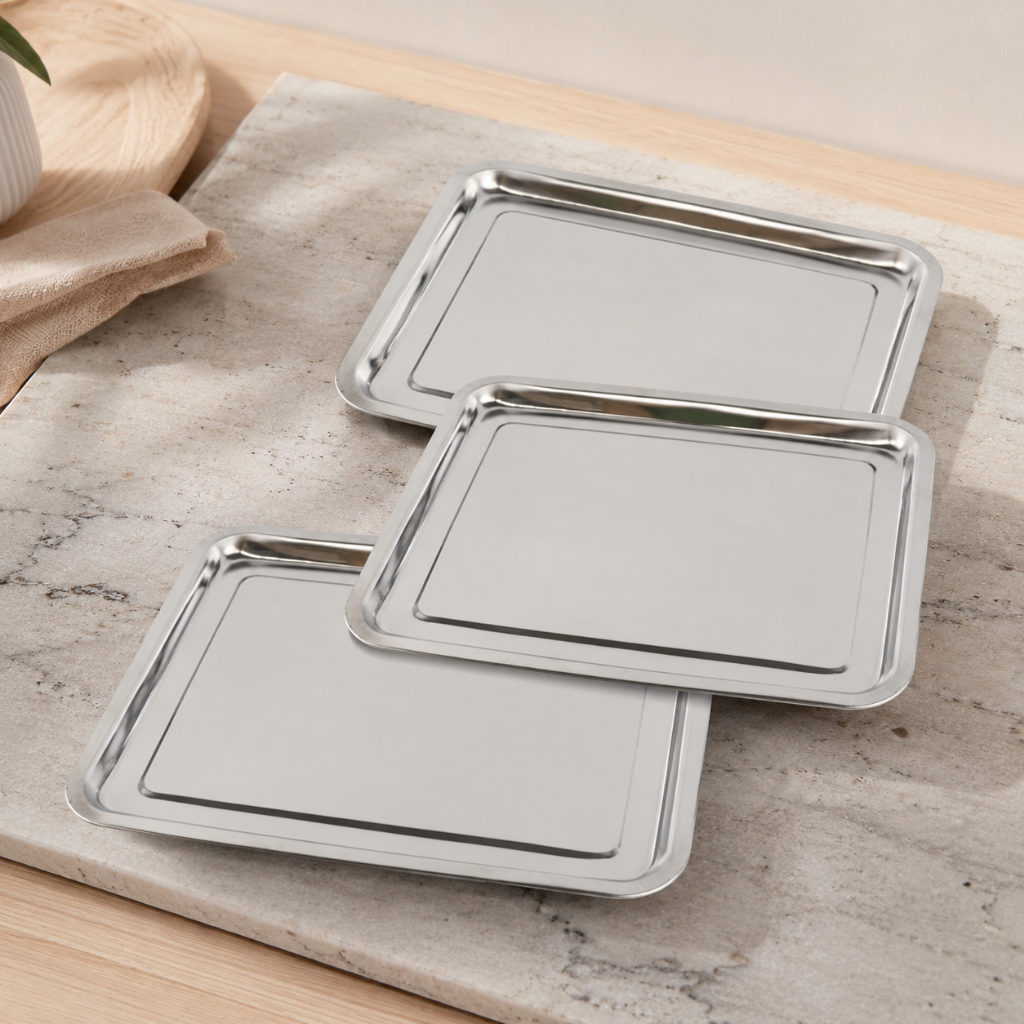 Kit 3 Bandejas Aço Inox Retangulares 40x30cm Cozinha Salgado Buffet Festas