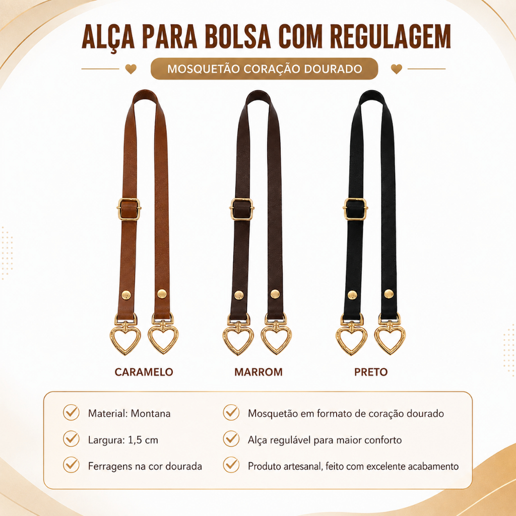 Alça para Bolsa Montana com Regulagem e Mosquetão Coração Acessórios para Crochê e Artesanato