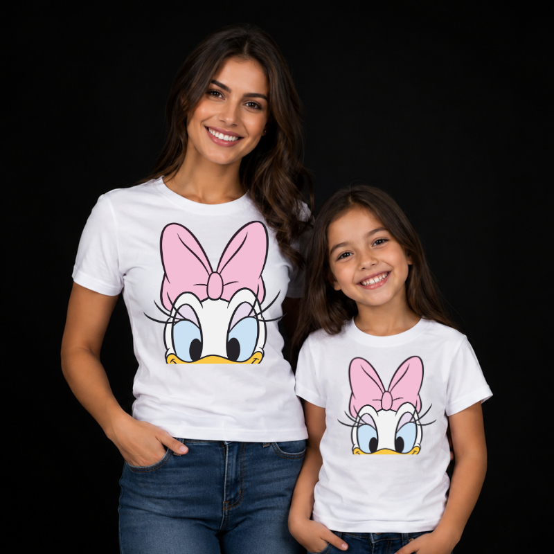 CAMISETA ADULTA INFANTIL MAE E FILHA ESTAMPADA MARGARIDA DELICADA FOFA DIVERTIDA MODERNA CLASSICA PERSONAGEM DISNEY