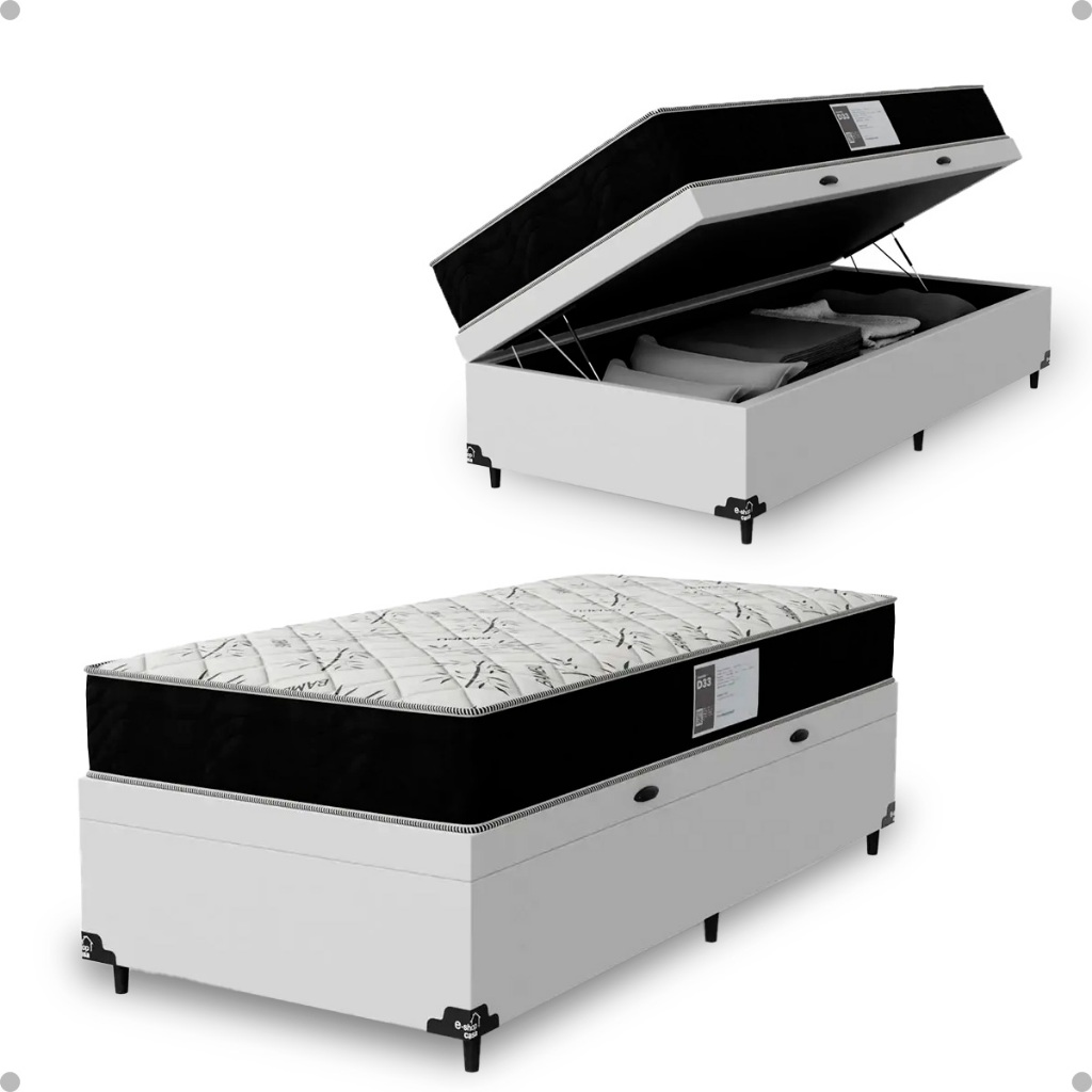 Cama Box Baú Solteiro + Colchão D33 One Face - Couro Branco