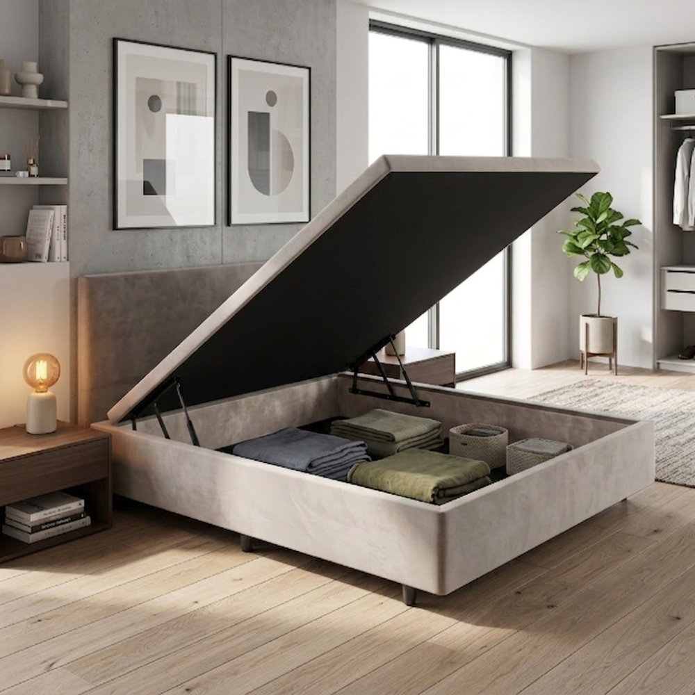 Base Box Baú Casal Suede Bege 138x188x42