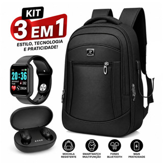Mochila Executiva Impermeável para Notebook + Smartwatch Digital + Fone Bluetooth Sem Fio