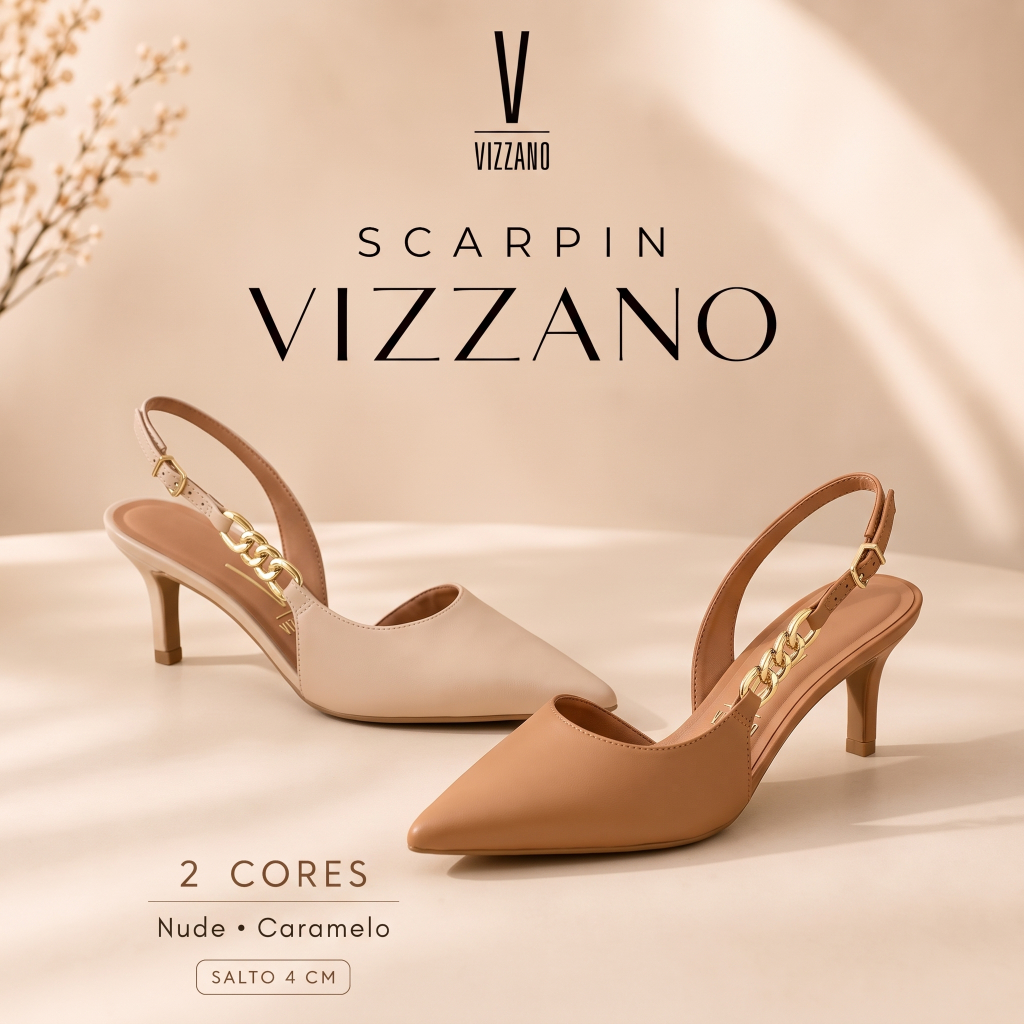 Scarpin Feminino Vizzano Slingback Casual Salto Baixo Bico Fino Corrente Confortável Original