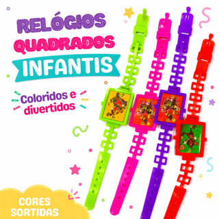 Kit Relógio Infantil Quadrado Cores Sortidas Pulseira Ajustável Plástico Resistente Atacado Para Meninos e Meninas