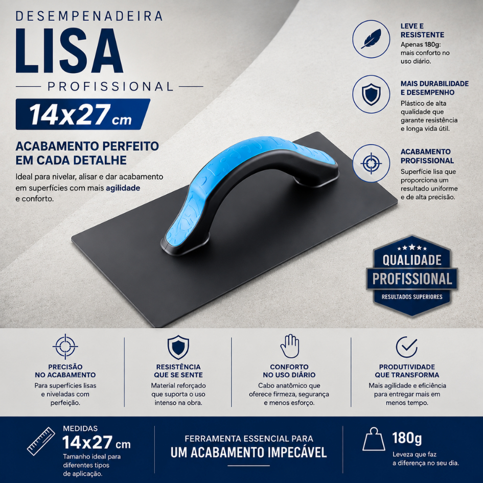 Desempenadeira Plástica Lisa 14x27cm Preta Profissional Para Massa Reboco Acabamento Construção Civil Acabamento