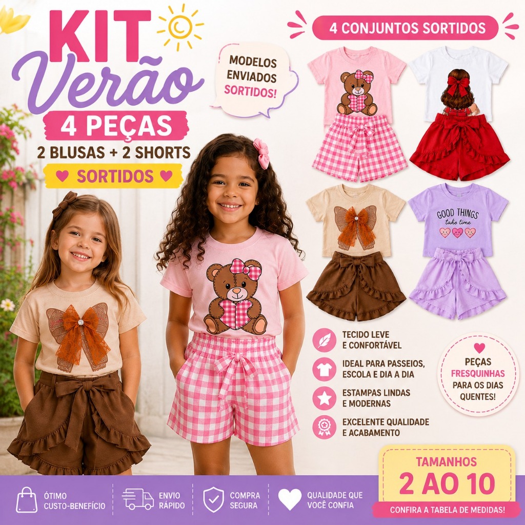 Kit Verão Infantil Feminino Sortido 4 Peças 2 Blusas + 2 Shorts Conjunto Menina Moda Infantil Tamanhos 2 ao 10