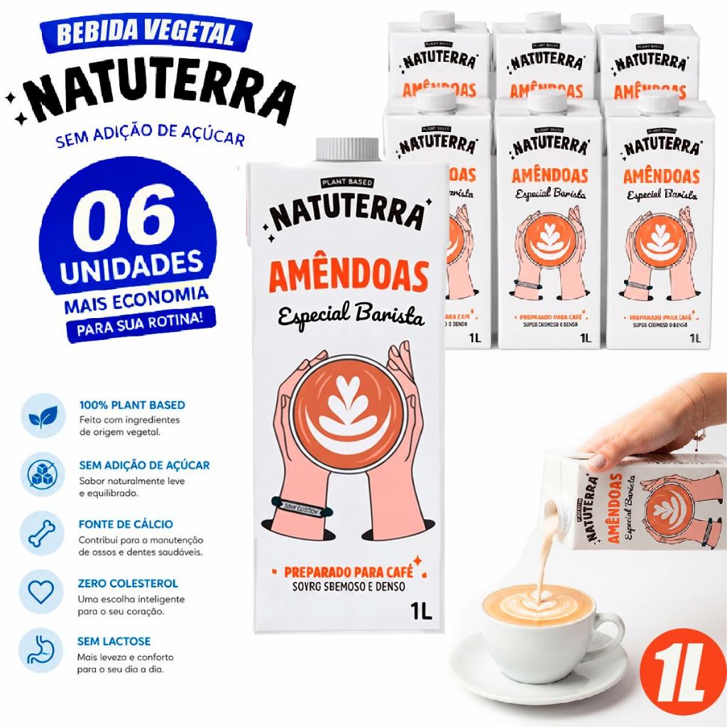 Kit 6 Bebida Vegetal Barista de Amêndoas Natuterra 1L Leite Vegetal | Bebida sem adição de açúcar