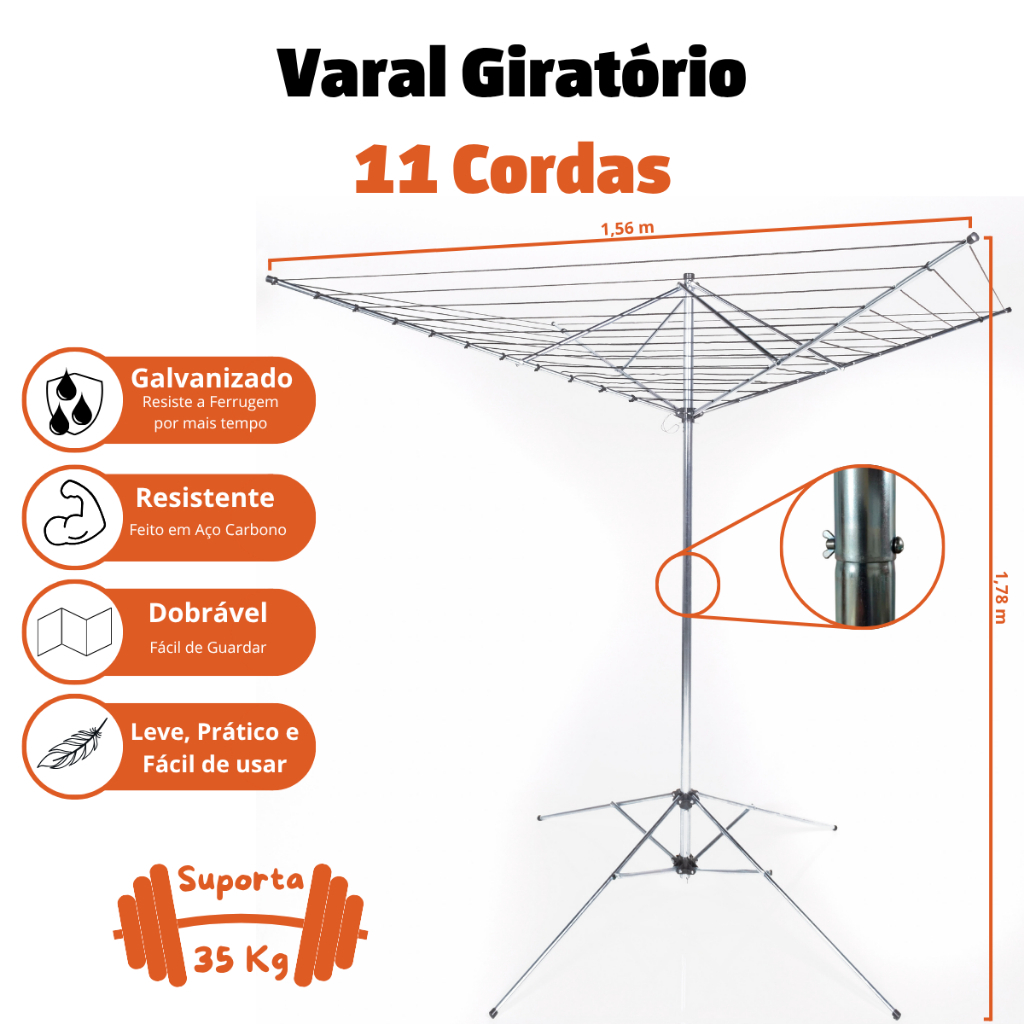 Varal de Chão Giratório 11 Cordas Grande Resistente Bipartido Prateado de Roupa Dobrável Reforçado Torre Aço com Abas