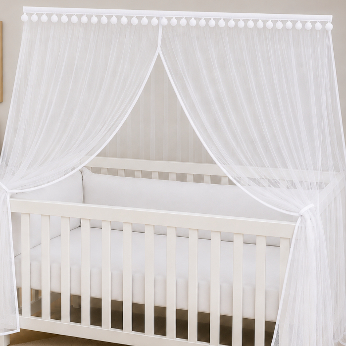 Mosquiteiro Berço Americano com Viés e Pompom Branco 5,50x1,20 Tule Proteção Contra Insetos Decoração Quarto Bebê