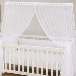 Mosquiteiro Berço Americano com Viés e Pompom Branco 5,50x1,20 Tule Proteção Contra Insetos Decoração Quarto Bebê