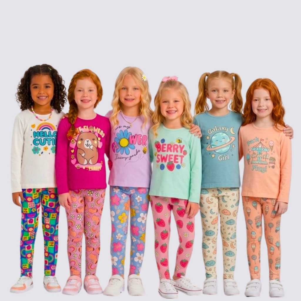 Kit 12 Peças Conjunto Menina Legging Infantil e Camiseta Manga Longa Lisa e Estampada Algodão 1 ao 16 anos