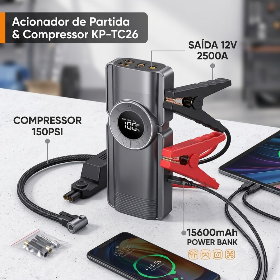 Kit 4 em 1 Acionador de Partida Auxiliar Compressor De Ar KP-TC26 USB 12V 15600mAh Carregador Bomba de Ar Lanterna