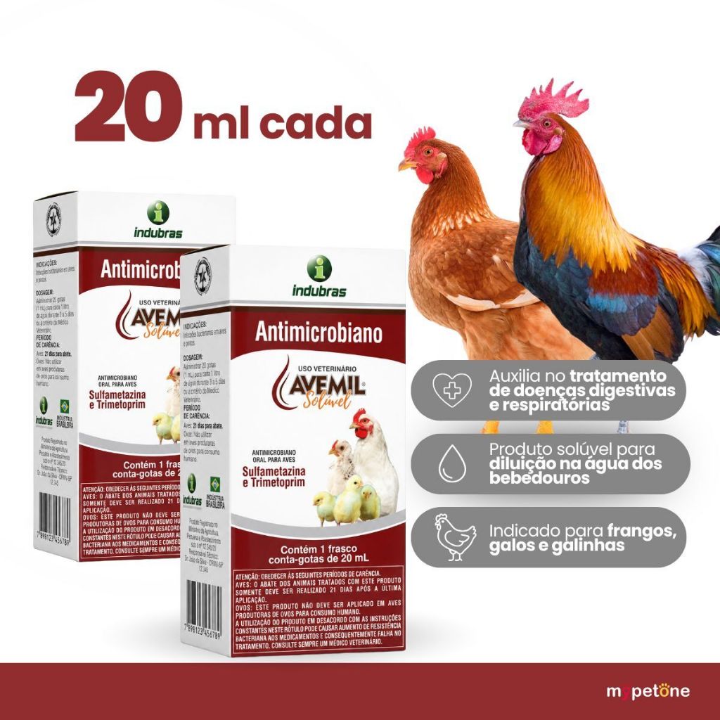 Kit 2 Avemil Solúvel 20ml Antimicrobiano Para Aves