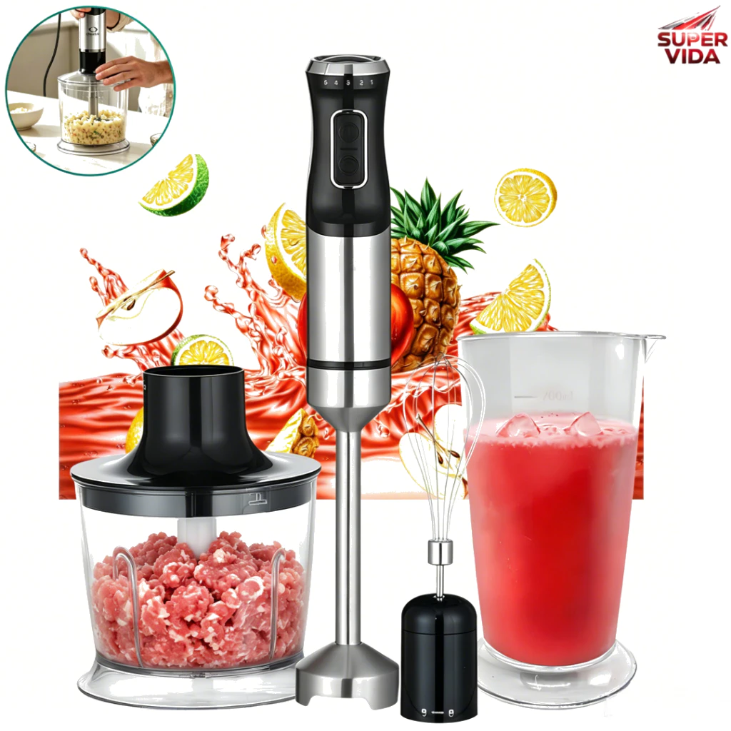 Mixer 4 em 1 Kit Processador Batedor Triturador 260W 127/220V 15000RPM 2 Velocidades Aço Inoxidável