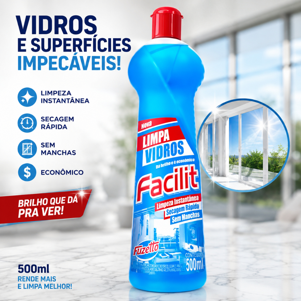 Limpa Vidros 500 ml Facilit Fuzetto Espelho Janela Box Vidros