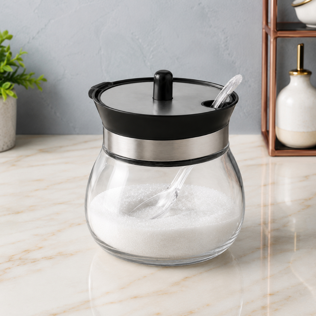 Porta Tempero Vidro 300ml com Colher Aço Inox Condimentos Sal Açúcar Temperos Tampa Hermética
