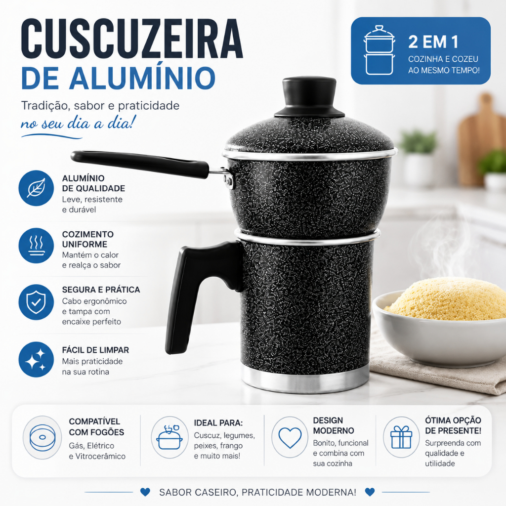 Cuscuzeiro Individual 2 em 1 – Cuscuzeira Porção Única Cozimento a Vapor Canecão Leiteira Com Tampa