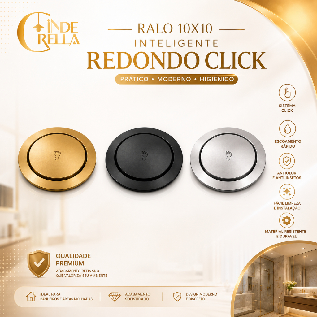Ralo 10x10 Inteligente Redondo Click Anti Odor Anti Inseto Banheiro Aço Inox