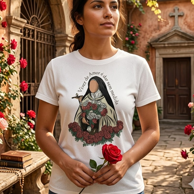 Camiseta Cristã Estampa Católica Santa Terezinha Camisa Algodão Unissex
