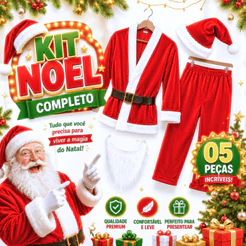 Roupa Fantasia Papai Noel Completo 5 Peças Natal Gorro Blusão Barba Promoção Atacado