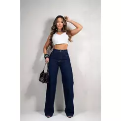 Calça Wid Leg Jeans Escura Feminina 100% Algodao Cintura Alta