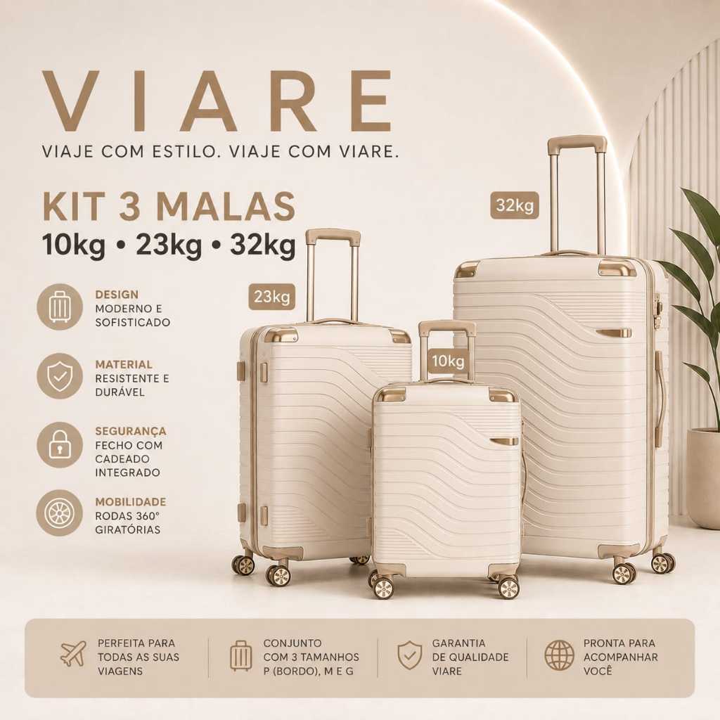 Kit Conjunto 3 Malas De Viagem Pmg Pequena 10kg E Media 23kg E Grande 32kg Resistente Premium Top