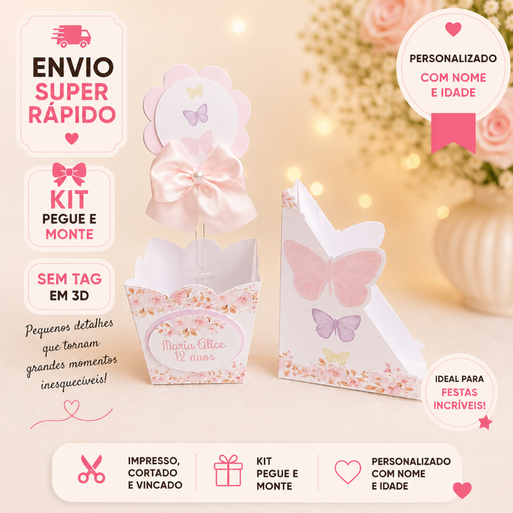 KIT CENTRO DE MESA JARDIM DAS BORBOLETAS PERSONALIZADO CACHEPO COM PORTA GUARDANAPO