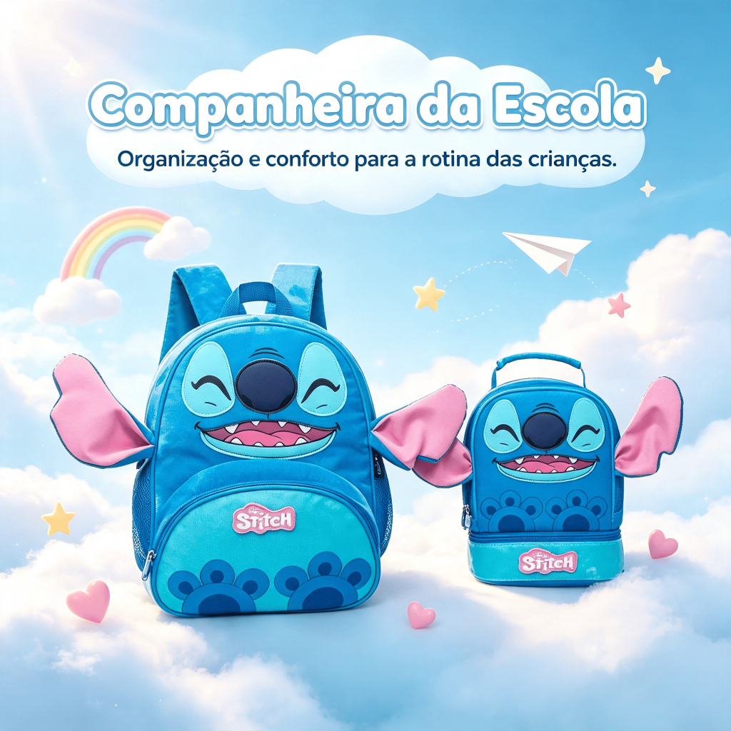 Kit Mochila De Costas Stitch Escolar Infantil Lancheira Térmica