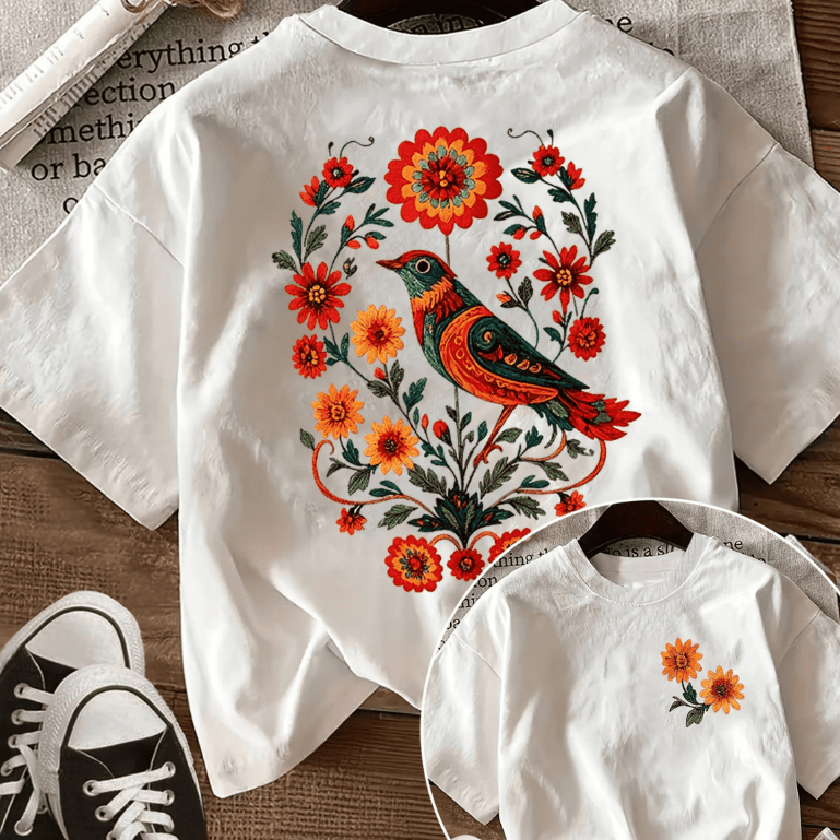Camisa Camiseta Blusinha T-Shirt Feminina Algodão Estampado Pássaro Girassol Estilo Casual Leve E Confortável